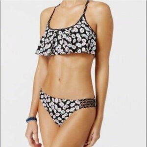 California Waves Juniors' Daisy Printed Flounce Bikini Top & Bottoms Size L Jun